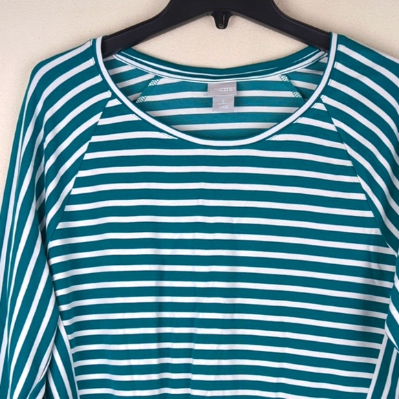 Chicos 2 (US Size L) White & Green Striped Top Women's Shirt Long Sleeve - Picture 3 of 12